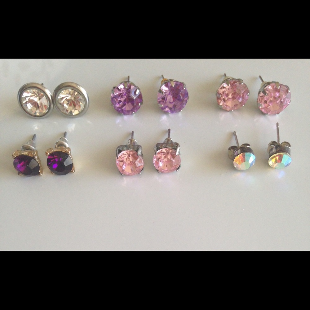 Six Pair Set Crystal Stud Post Fashion Earrings - Picture 3 of 4